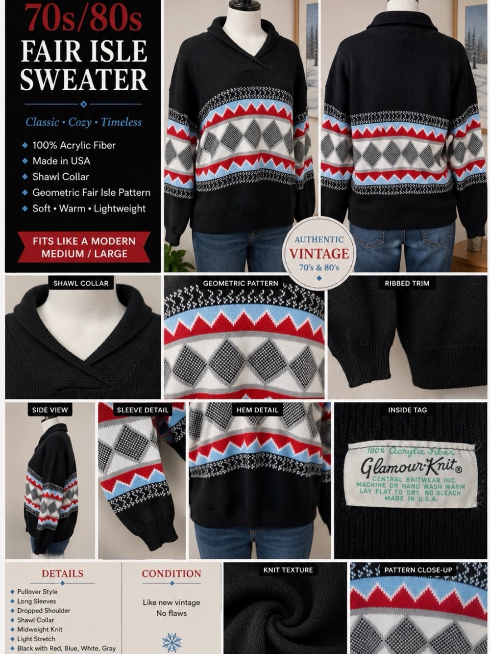 GlamourKnit- Black -Fair Isle style- shawl collar Sweater